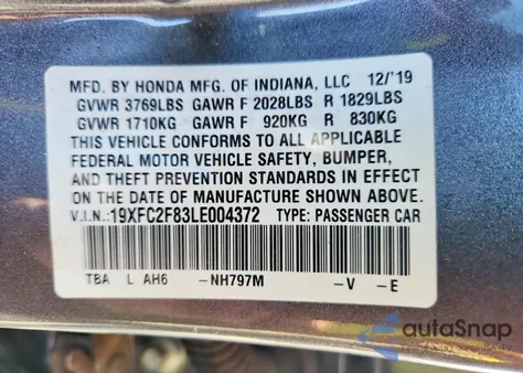 2020 Honda Civic Sport from USA, damaged, VIN 19XFC2F83LE004372